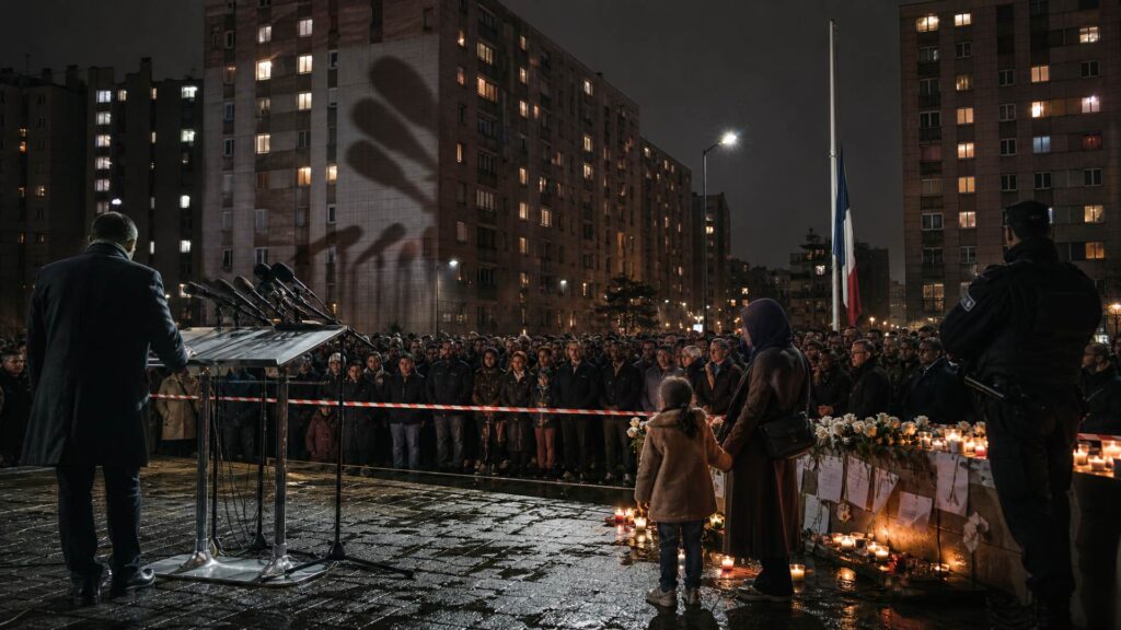 Nuit sur l’esplanade d’une cité, pupitre et micros à gauche, homme en manteau sombre vu de dos, bougies, roses blanches et feuilles punaisées sur un muret, foule tournée vers la tribune, drapeau tricolore en berne.
