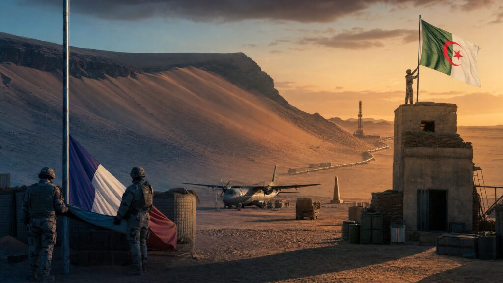 Désert au crépuscule : un poste militaire isolé avec tour de guet et sacs de sable ; à droite, un soldat en treillis vert et sable hisse un drapeau algérien vert et blanc au croissant rouge ; à gauche, un drapeau français bleu, blanc et rouge est amené par deux soldats vus de dos ; entre les deux, une piste d'atterrissage en terre, un avion de transport militaire, des caisses, des jerricans et un camion ; à l'horizon, dunes, derrick pétrolier, pipeline et borne frontalière. Image éditoriale générée par IA, non documentaire.