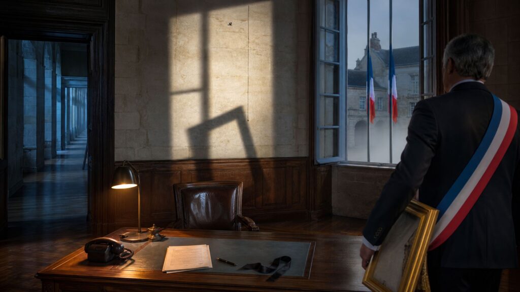 Bureau du maire d'une mairie de l'Anjou à l'aube : un homme en costume sombre et écharpe tricolore, vu de dos, tient un cadre doré retourné contre le bord du bureau ; au-dessus, un grand rectangle plus clair sur le mur marque la place d'un portrait décroché ; par la haute fenêtre, deux drapeaux tricolores sont hissés à mi-mat dans la cour, sous la brume.