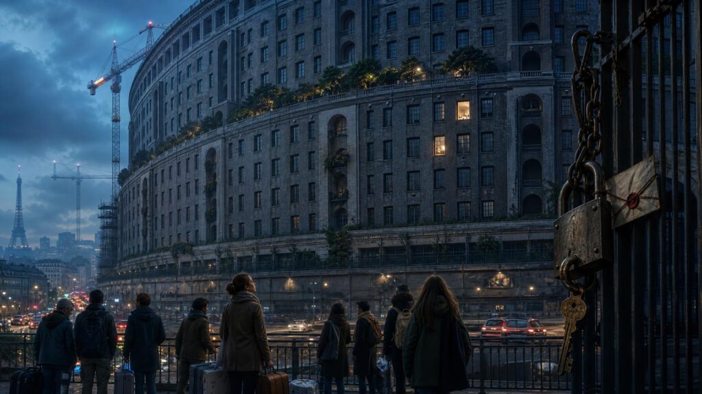 Bâtiment monumental de brique grise aux centaines de fenêtres éteintes, deux fenêtres allumées laissant voir une chambre vide, étudiants avec valises derrière une grille fermée où pend une clé, tour Eiffel et grues au loin.