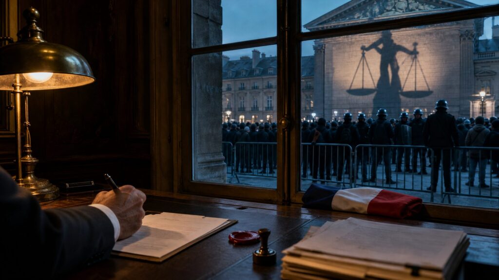 Bureau de préfecture dans la pénombre : une main en costume signe un arrêté près d'un sceau de cire, d'une lampe de laiton et d'un drapeau français plié ; derrière la fenêtre, sous l'ombre monumentale d'une Justice à la balance, une foule derrière des barrières fait face à des policiers casqués.