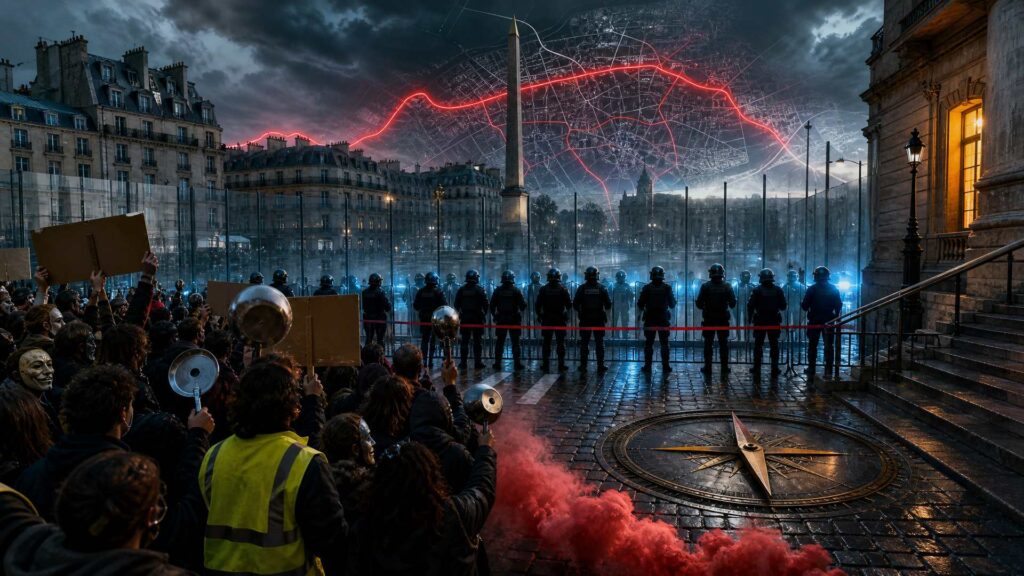 Foule de manifestants vue de dos, casseroles et gilet jaune au premier plan, face à une ligne de policiers casqués derrière un cordon rouge, devant un centre-ville haussmannien enfermé derrière une paroi de verre surmontée d'un plan cadastral aux lignes rouges.