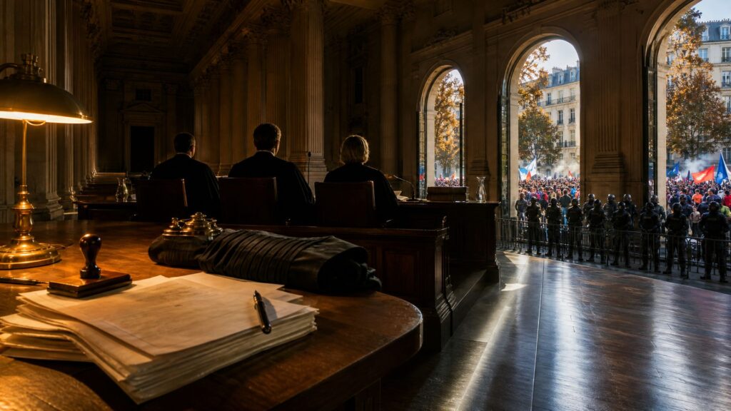 Salle d'audience du tribunal administratif, trois juges vus de dos devant un arrêté préfectoral et son tampon ; par les hautes fenêtres, un cortège étudiant avance sur un boulevard, encadré par un cordon de gendarmes.