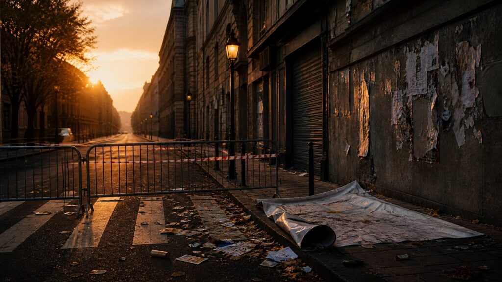 Rue française barricadée et vide : barrières métalliques, rubans de balisage, affiches arrachées sur un mur, une banderole roulée abandonnée au sol.