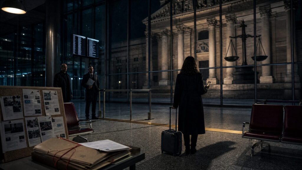Hall d'aéroport de nuit : une femme de dos, valise à roulettes et smartphone allumé, face à deux agents en costume sombre ; derrière la baie vitrée, un palais de justice monumental et une balance.