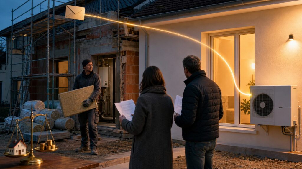 Maison individuelle en rénovation énergétique au crépuscule : échafaudage et rouleaux d'isolant devant la façade ancienne, enduit neuf et pompe à chaleur sur la partie rénovée ; un artisan présente un panneau isolant à deux personnes qui tiennent des documents.