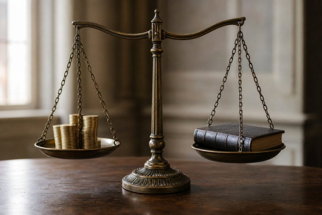 Balance ancienne en laiton, pièces d'or sur un plateau, livre sur l'autre