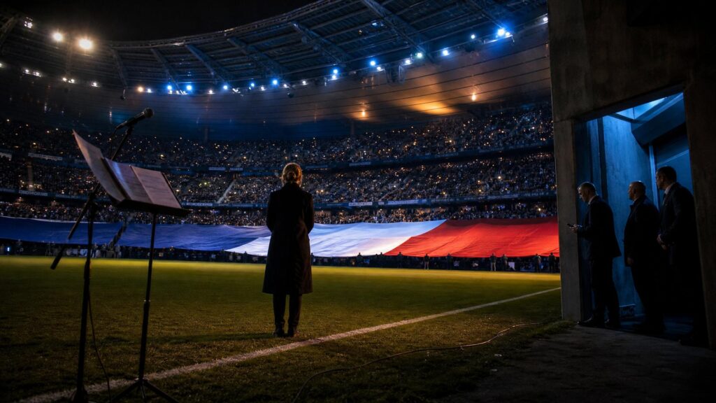 De nuit au bord d'une pelouse de stade, une silhouette de femme vue de dos face aux tribunes combles ; un très grand drapeau tricolore est tendu au-dessus de la foule, un micro et un pupitre de partition au premier plan, trois hommes en costume dans un tunnel éclairé en bleu.