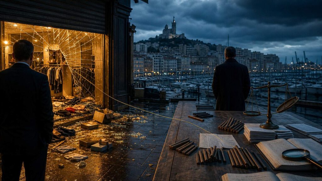Le haut de la Canebière à Marseille au crépuscule : une vitrine de commerce brisée et des vêtements renversés au premier plan, une table de bois couverte de rapports et d'une balance de bronze au centre, deux hommes vus de dos face à face, Notre-Dame-de-la-Garde et le Vieux-Port en arrière-plan.