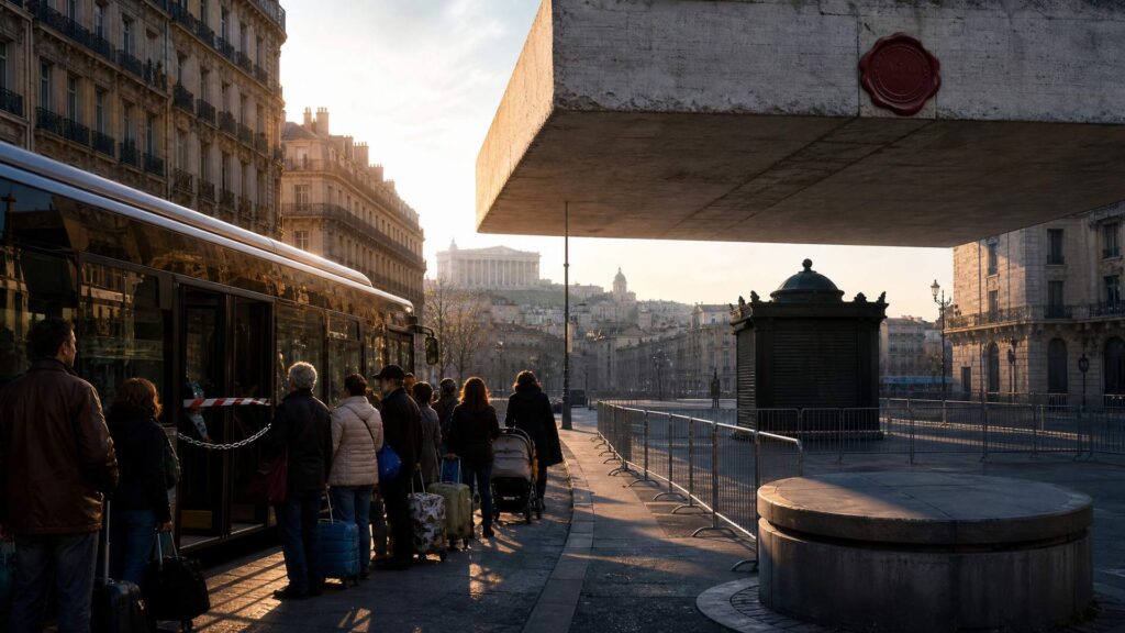 Image éditoriale générée par IA, non documentaire : autobus à l'arrêt devant une file d'usagers avec valises et poussette, rue de Marseille barriérée sous une immense dalle de pierre scellée d'un cachet rouge, bâtiment institutionnel à colonnades au fond.