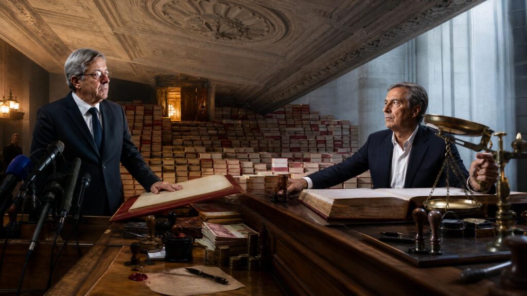 Deux hommes en costume derrière un comptoir de banque monumental : celui de gauche, lunettes et cravate, pose la main sur un livret ouvert devant des micros ; celui de droite tient une balance de laiton ; à l'arrière-plan, des milliers de livrets empilés en gradins sous un plafond de pierre sculpté.