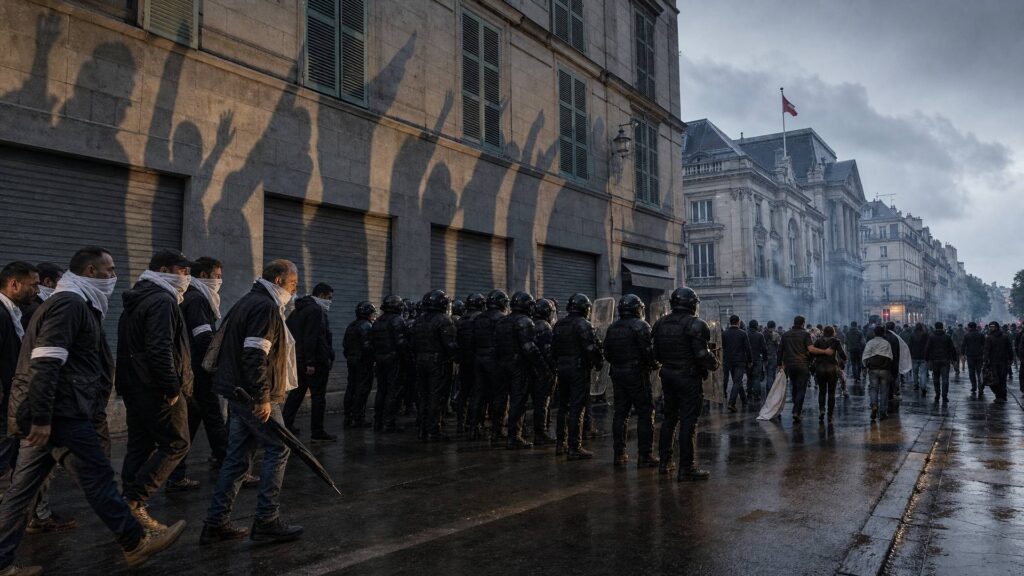 Des hommes en vêtements sombres portant des foulards blancs avancent dans une rue, face à un cordon de CRS casqués, devant des façades haussmanniennes et une foule au fond dans la brume.