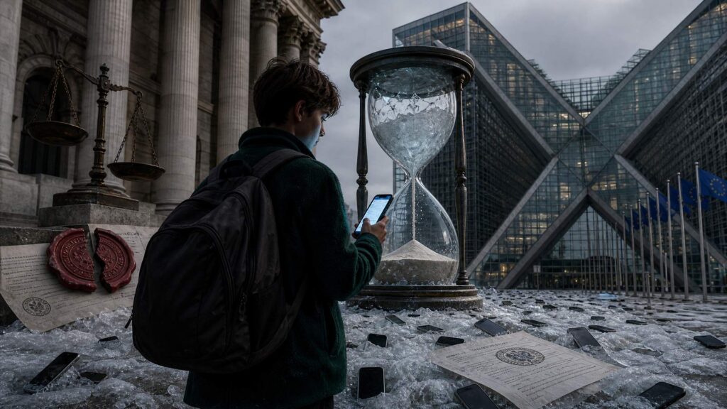 Un adolescent de profil consulte un smartphone devant un sablier géant à moitié gelé, encadré par une colonnade de pierre avec une balance de justice et par une tour de verre aux drapeaux européens ; des téléphones et des documents scellés gisent sur un sol de glace.