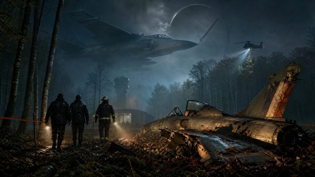 Image éditoriale générée par IA, non documentaire : un Mirage 2000D brisé repose dans une forêt de Lorraine noyée de brouillard, la nuit ; un projecteur de secours éclaire l’aile delta et la cocarde fanée, deux gendarmes vus de dos se tiennent derrière un ruban de balisage, un hélicoptère balaie la cime des arbres de son faisceau, la tour de contrôle de la base aérienne se dresse au loin ; dans le ciel, le fantôme translucide d’un second appareil en vol et un cadran de chronomètre sans chiffres ; verts froids, bleu de nuit, lumières orangées.