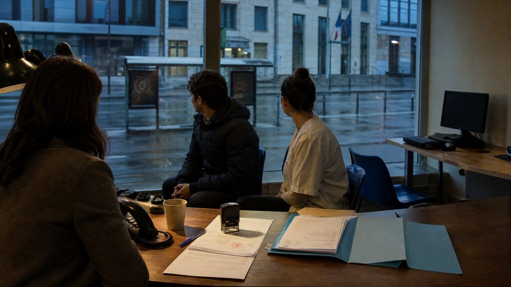 Bureau d'accueil d'une mission locale : documents administratifs, tampon encreur et dossier sur le comptoir, une conseillère face à deux jeunes assis devant la baie vitrée, un poste de travail vide à droite, et de l'autre côté de la rue un bâtiment administratif avec un drapeau français et un drapeau européen.