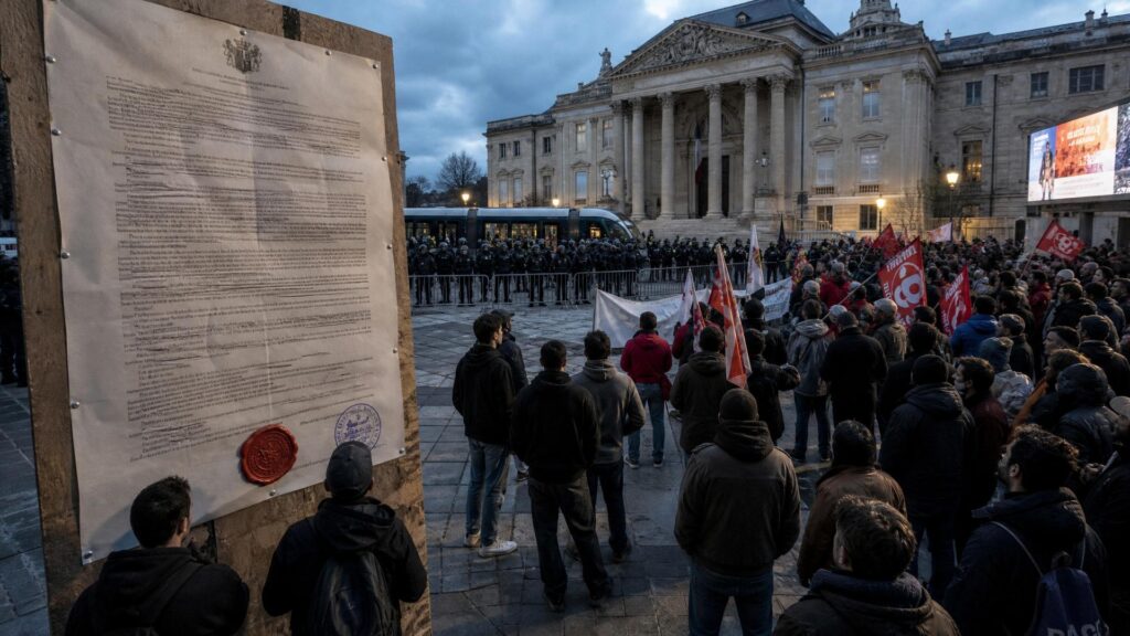 Foule de manifestants vue de dos derrière des barrières métalliques face à un cordon de gendarmes, devant un palais de justice de pierre et une rame de tramway arrêtée; au premier plan, un arrêté préfectoral agrandi avec son sceau de cire rouge.