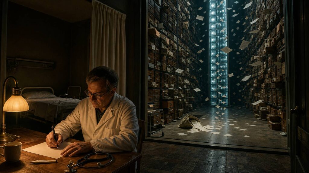 Un médecin anonyme en blouse blanche écrit à la main sur un formulaire vierge dans une chambre d'hôpital éclairée par une lampe chaude ; au-delà du seuil, une immense salle d'archives de tiroirs de bois et une haute colonne de verre, des feuilles blanches suspendues dans l'air.