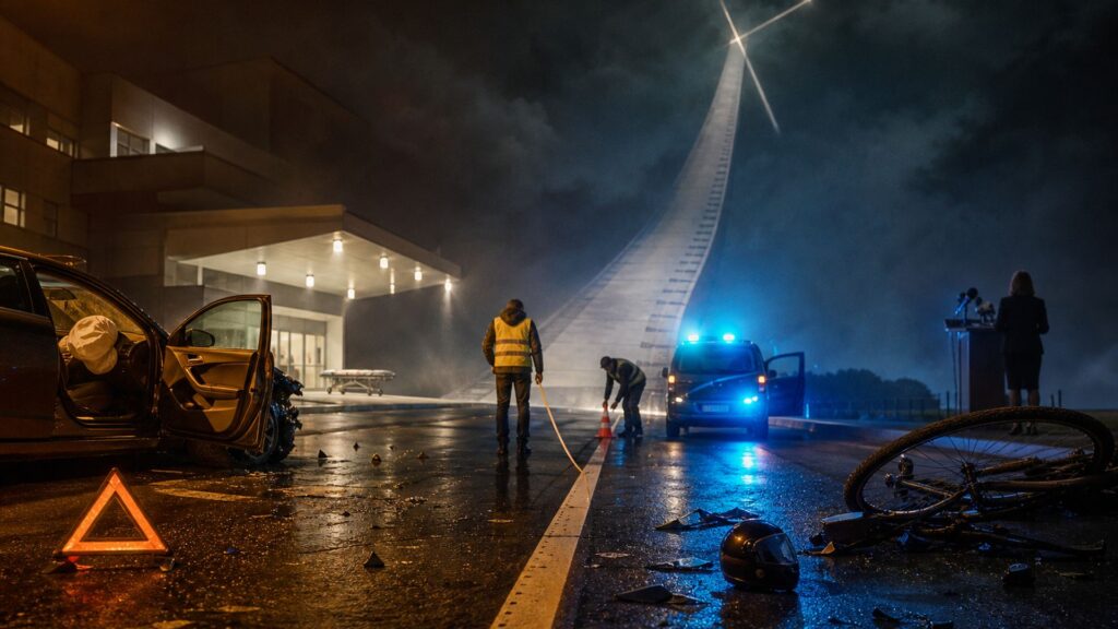 De nuit sur une route departementale mouillee, une voiture au capot froisse et airbag deploye sous une lumiere chaude, face a un velo renverse et un casque au sol dans une lumiere bleue ; une camionnette de gendarmerie, un agent en gilet reflechissant mesurant la chaussee au metre ruban, l'entree des urgences d'un hopital au fond, et une silhouette de porte-parole de dos devant des micros.