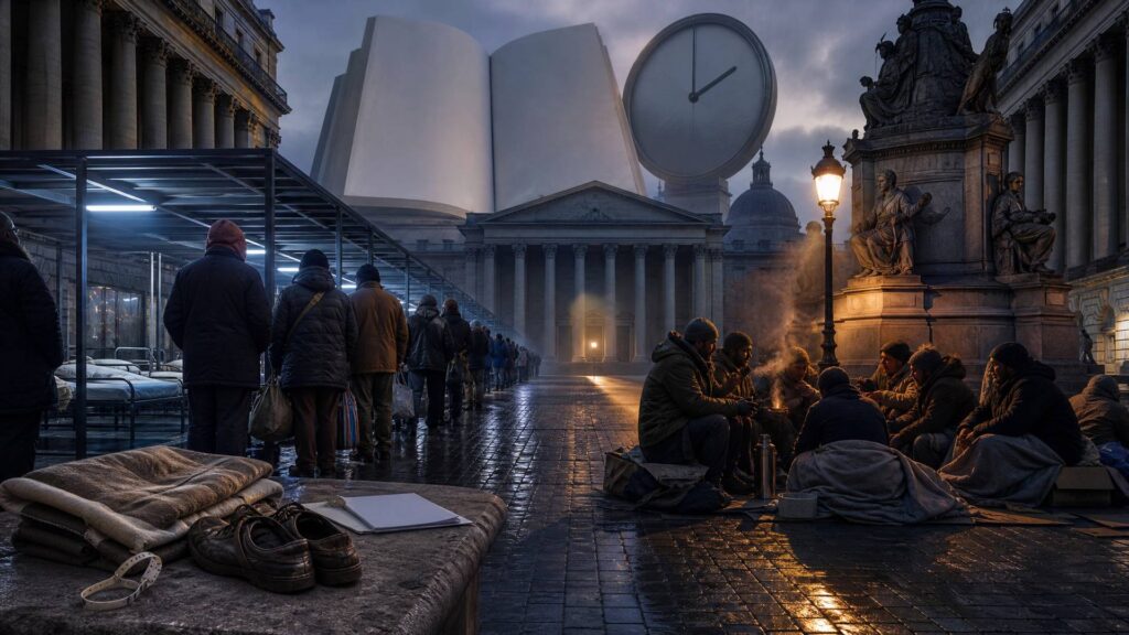 Photographie générée par IA, non documentaire : place monumentale en pierre au petit matin d’hiver ; à gauche, une file de personnes anonymes encapuchonnées attend devant des lits d’hébergement d’urgence éclairés d’une lumière blanche et bleue ; à droite, un groupe de personnes anonymes assises sous des couvertures autour d’une lampe à lumière chaude ; au premier plan, un banc de pierre avec une couverture pliée, des chaussures usées et des feuilles blanches ; au fond, une façade à colonnes, un registre géant aux pages vierges et une horloge sans chiffres.