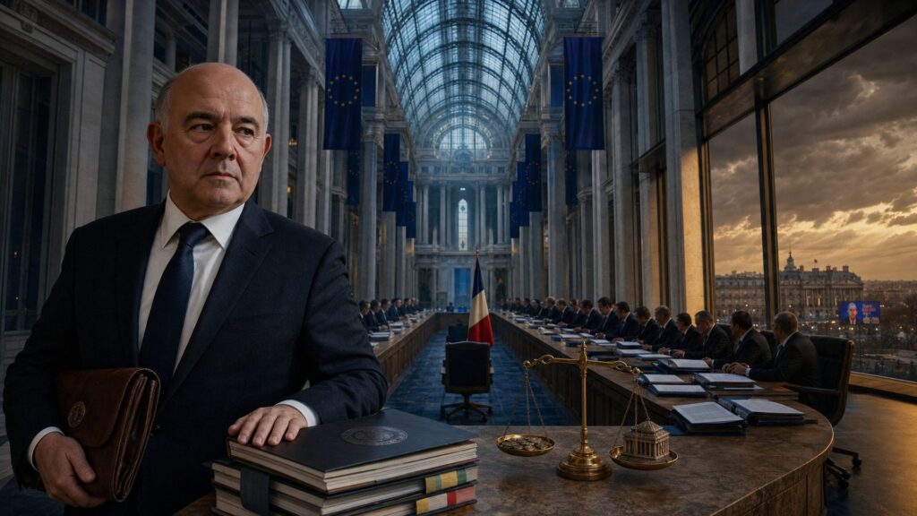 Image éditoriale générée par IA, non documentaire : un homme en costume sombre se détourne d'une table d'audit où un seul siège reste vide devant un drapeau français, dans un hall à colonnades de la Cour des comptes européenne.