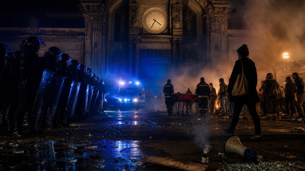 Nuit sur le parvis de la gare de Mulhouse : une colonne de policiers en tenue de maintien de l'ordre à gauche, deux pompiers portant un brancard couvert à droite, mégaphone et éclats de verre au sol, façade monumentale avec horloge sans chiffres, fumée et gyrophares bleus.