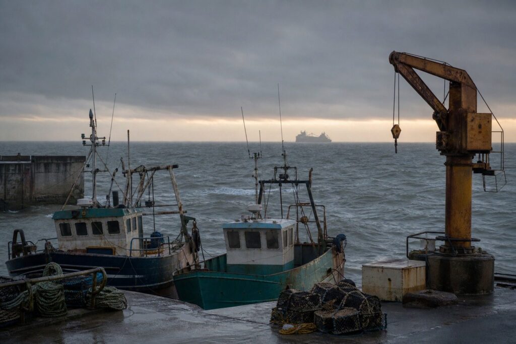 Bateaux de pêche amarrés au quai, casiers et grue rouillée sous un ciel nuageux