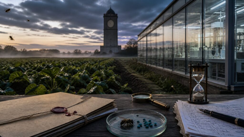 Table en lisiere d'un champ de betteraves a l'heure bleue : dossier administratif scelle d'un cachet de cire brise, boite de Petri avec une abeille morte, sablier au sable coulant ; a droite la paroi vitree d'un laboratoire, au fond une tour d'horloge sans aiguilles.