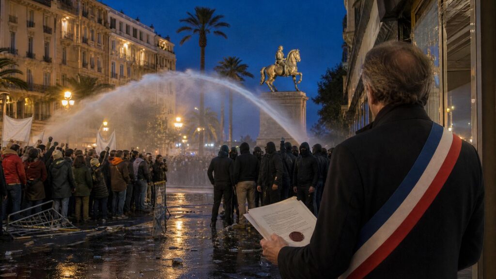 Image éditoriale générée par IA, non documentaire : à Nice au crépuscule, un homme d'environ 60 ans vu de dos, costume sombre et écharpe tricolore en bandoulière, tient un arrêté dactylographié scellé d'un cachet de cire rouge. Un jet d'eau en arc traverse l'avenue : à gauche, une foule de manifestants avec banderoles et barrières renversées, dans une lumière chaude ; à droite, dans une ombre bleutée, un groupe compact d'hommes cagoulés en vêtements sombres, sans uniforme. Au fond, une statue équestre de bronze doré sur haut socle de pierre, des immeubles à balcons et des palmiers ; à droite, une rangée de vitrines de commerce intactes et éclairées. Palette ocre, crème, vert, bleu du soir, accents dorés localisés.