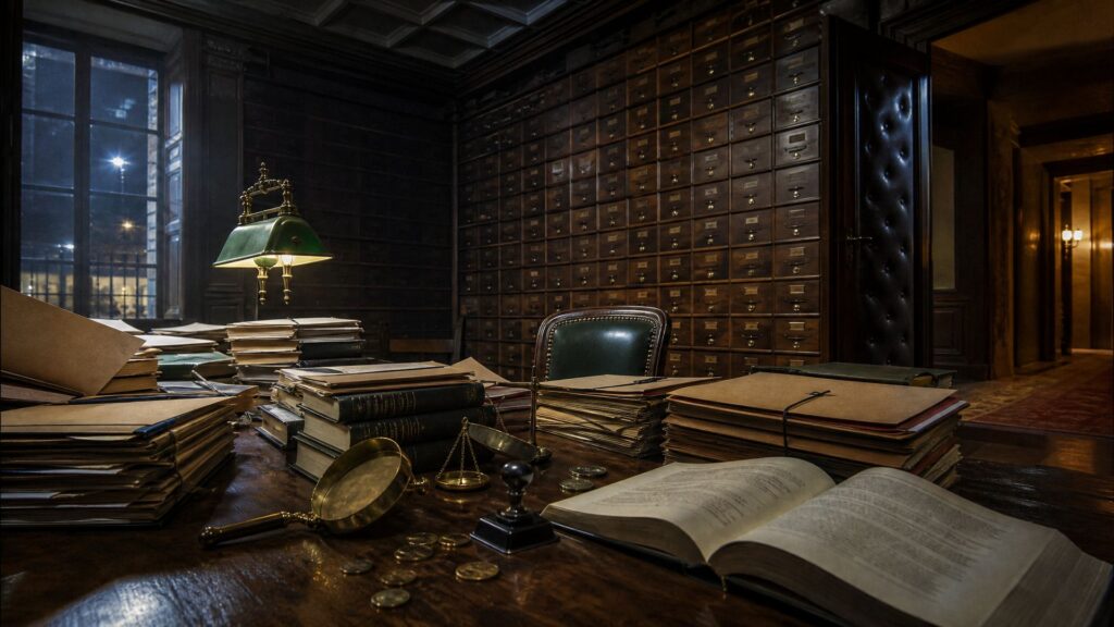 Bureau de bois de la commission des finances laissé vide la nuit : piles de rapports reliés, chemises cartonnées débordantes et code fiscal ouvert aux lignes illisibles ; loupe de laiton, balance à plateaux déséquilibrée, tampon encreur, pièces éparpillées ; derrière, mur de tiroirs d'archives étiquetés et porte capitonnée entrouverte sur un couloir éclairé.