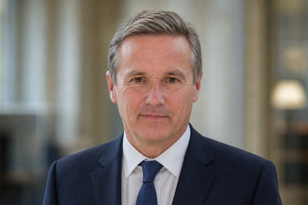 Portrait en buste de Nicolas Dupont-Aignan, costume sombre et cravate, fond institutionnel flou.