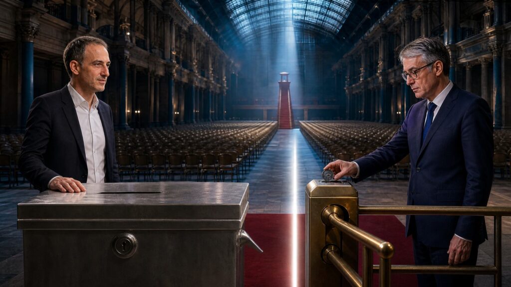 Deux responsables politiques français face à face, séparés par une frontière de lumière, dans un décor institutionnel monumental ; photographie éditoriale réaliste, scène non documentaire.