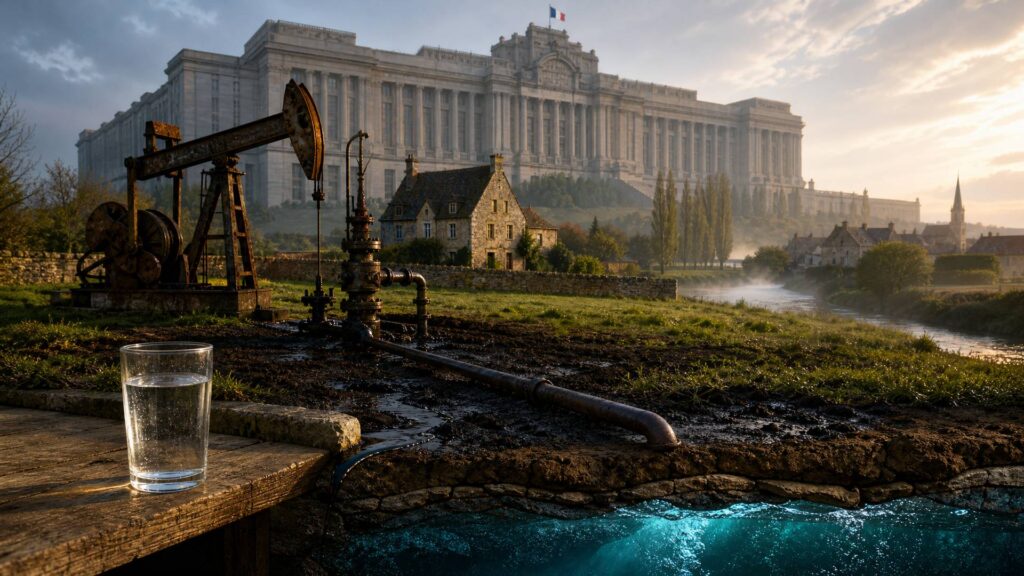 Pompe à balancier rouillée et puits de pétrole dans un champ boueux, un verre d'eau claire sur une table de bois au premier plan, un bassin d'eau turquoise, un village de pierre et une rivière brumeuse au loin, et à l'arrière-plan un bâtiment administratif monumental avec un drapeau français dominant les champs.