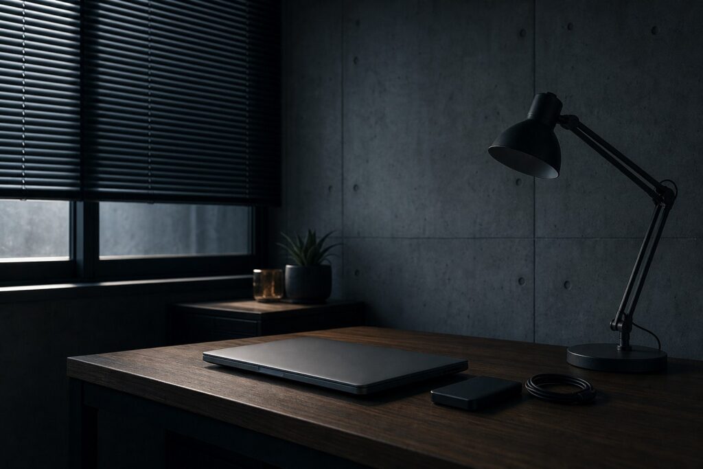 Bureau épuré, ordinateur portable fermé, smartphone et lampe noire près de la fenêtre
