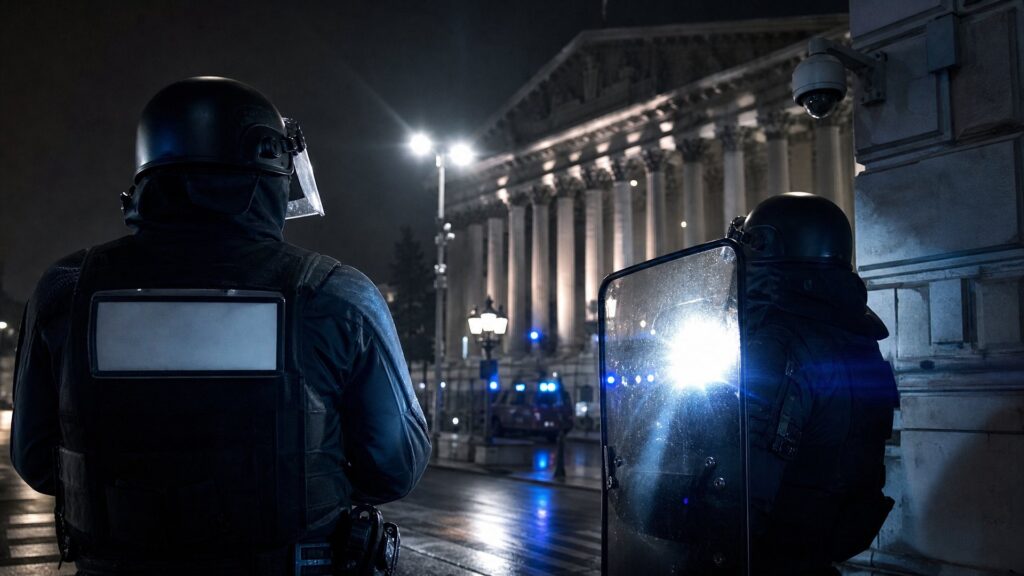 Deux policiers en tenue d'intervention de nuit devant un palais de justice, l'un vu de dos, sans numéro visible sur sa veste.