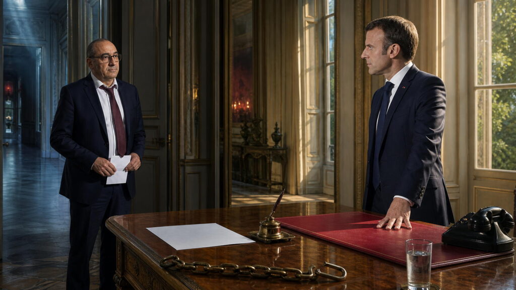 Deux hommes en costume se font face dans un bureau de palais : l'un debout derrière un bureau de bois, main posée sur un sous-main de cuir rouge, l'autre debout à distance, tenant une feuille blanche. Sur le bureau, un encrier de laiton, une plume, un verre d'eau, un téléphone et une chaîne de laiton dont un maillon est ouvert.