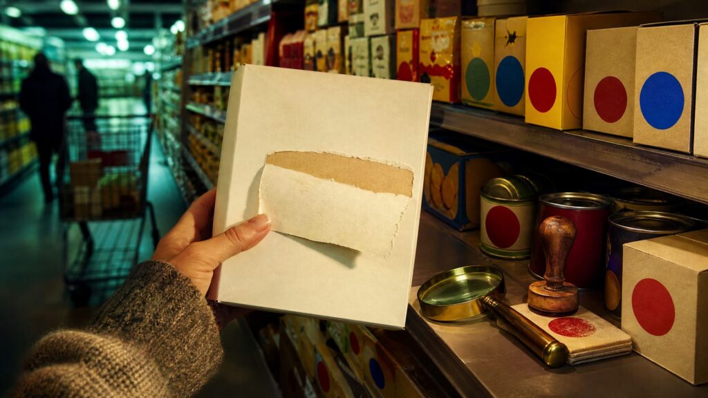 Illustration éditoriale générée par IA : main anonyme tenant un paquet alimentaire devant une loupe et un tampon rond, rayon de supermarché aux emballages colorés en arrière-plan, étiquettes vierges.
