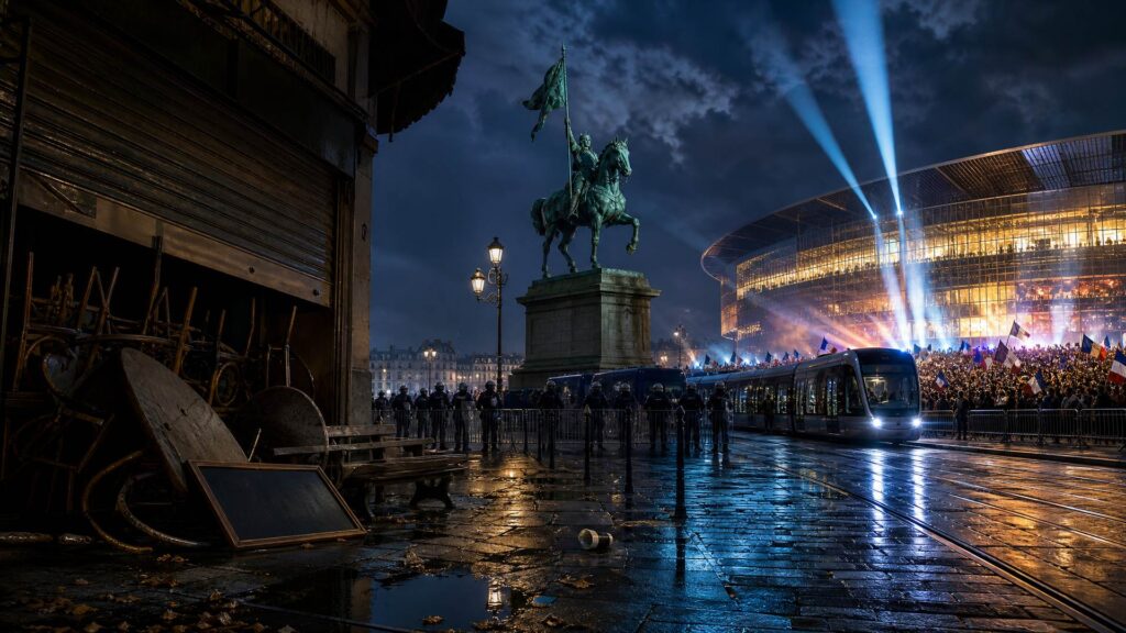 Une place pavée la nuit : au premier plan une terrasse de café aux chaises empilées derrière un rideau de fer à demi baissé ; au centre une statue équestre de bronze sur son socle, une ligne de barrières et des policiers casqués vus de dos, un tramway à l'arrêt ; au fond à droite une immense salle vitrée illuminée et une foule avec des drapeaux tricolores.
