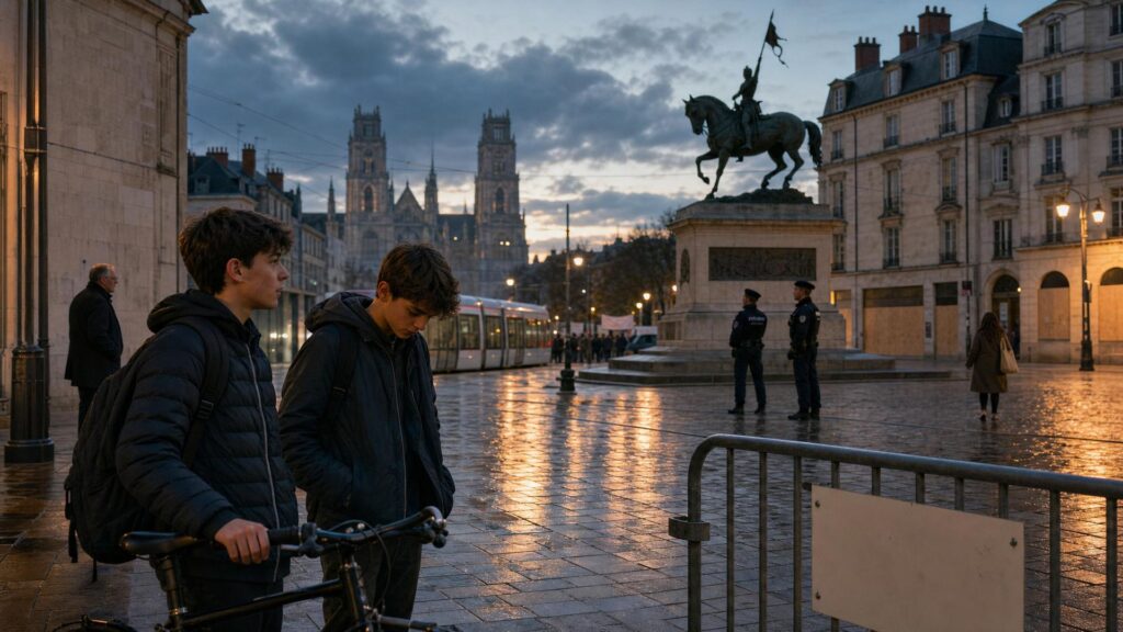 Crépuscule sur la place du Martroi à Orléans : deux adolescents d'environ 14 ans, sacs de cours et vélo, arrêtés devant une barrière de police et un panneau municipal au texte illisible ; la statue équestre de Jeanne d'Arc, des vitrines condamnées par du contreplaqué, deux gendarmes de profil ; au fond, les tours de la cathédrale, un tramway arrêté et, devant l'hôtel de ville, un homme en manteau sombre vu de profil, visage dans l'ombre.