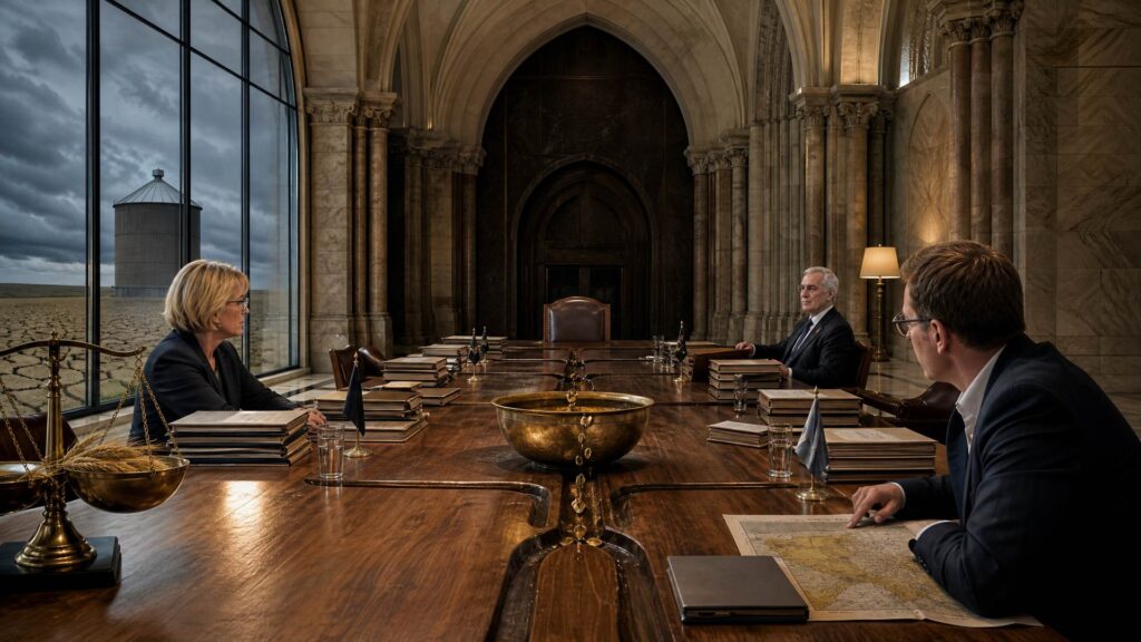 Salle monumentale du Conseil a Luxembourg : deux ministres face a face de part et d'autre d'une longue table de bois couverte de dossiers, un president de region au premier plan devant une carte depliee, une balance de laiton chargee d'epis a gauche, une vasque de bronze au centre, une chaise vide, et derriere la verriere un champ craquele avec un silo sous un ciel d'orage