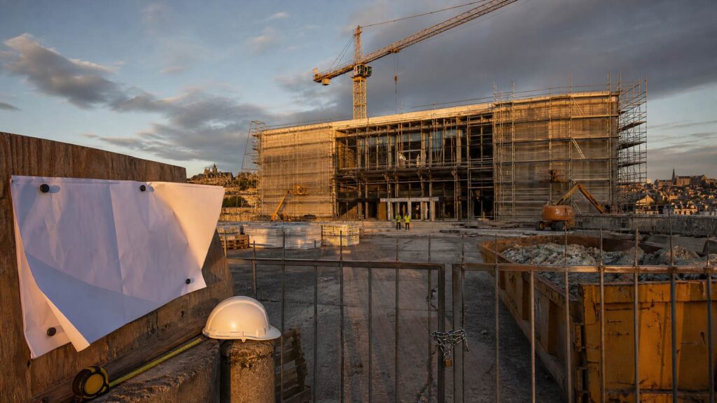 Illustration éditoriale générée par IA : chantier du palais des congrès sous échafaudages et grue, façades vitrées en travaux, portail fermé, plan de chantier punaisé sur une palissade et mètre ruban.