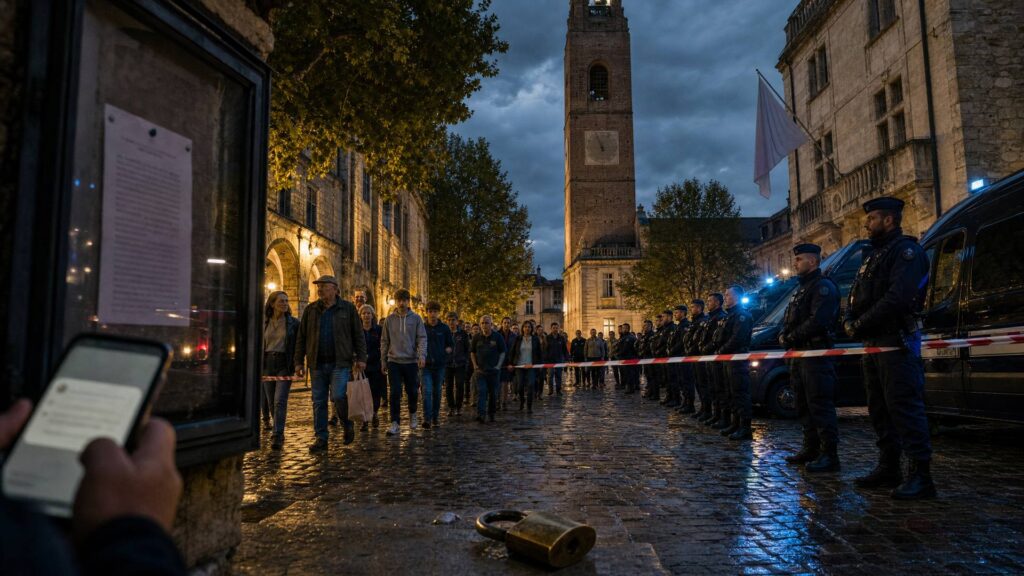 Place pavée au crépuscule. À gauche, un panneau d’affichage municipal vitré et une main tenant un téléphone. Au centre, un ruban de balisage rouge et blanc sépare un groupe d’habitants d’une rangée de policiers devant un fourgon. À l’arrière-plan, un clocher et une façade municipale sous un ciel sombre. Un cadenas doré est posé sur les pavés.