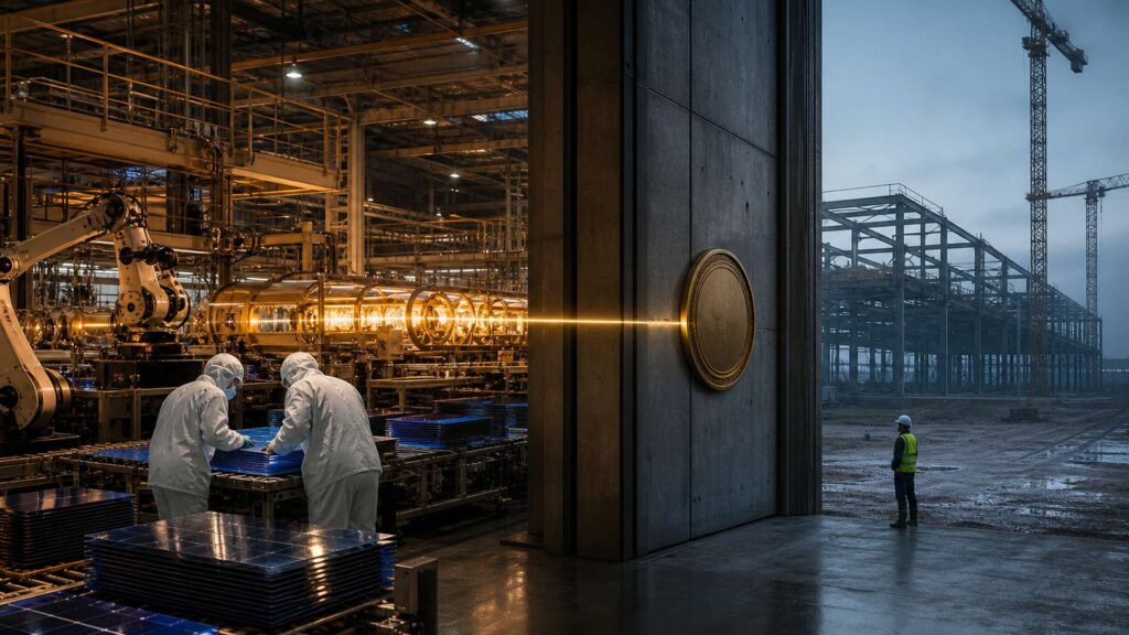 Halle d'usine de cellules photovoltaïques à gauche, plaquettes de silicium bleu sur convoyeurs, deux ouvriers anonymes en combinaison blanche ; au centre, une porte de douane monumentale fermée par un sceau de laiton qu'interrompt un filet de lumière dorée ; à droite, la carcasse d'acier d'une gigafactory européenne inachevée, grues immobiles et ingénieur casqué dans une lumière froide.