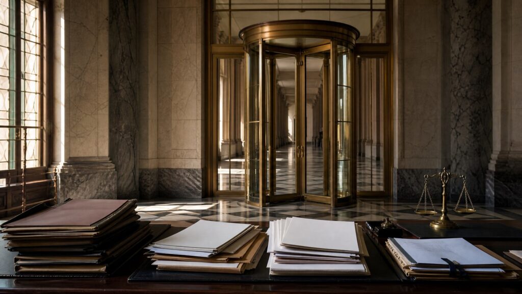 Hall institutionnel avec une porte à tambour, dossiers et balance administrative. Illustration éditoriale générée par IA, non documentaire.