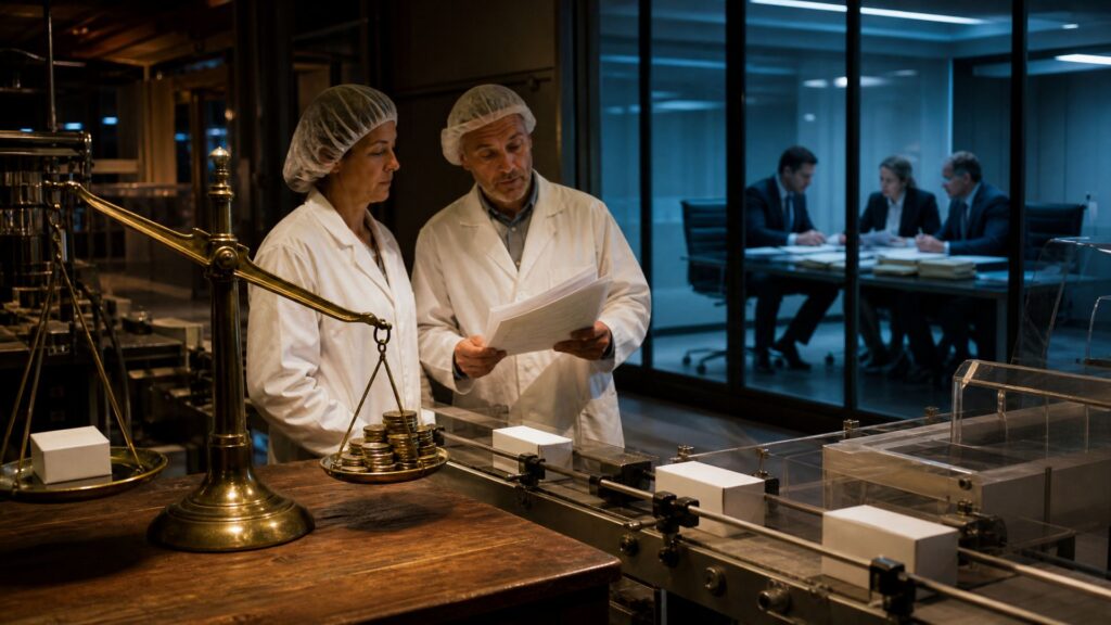 Atelier pharmaceutique de nuit : au premier plan, une balance en laiton penche du côté des pièces, avec une boîte de médicament blanche sans inscription sur l'autre plateau ; au plan moyen, une ligne de production de comprimés et deux opérateurs en blouse blanche, dont un lit une liasse de feuilles ; à l'arrière-plan, derrière une paroi de verre bleutée, trois personnes en costume réunies autour d'une table couverte de dossiers.