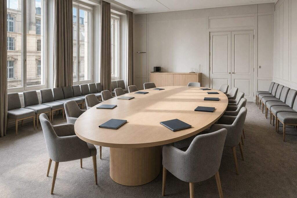 Salle de réunion institutionnelle déserte avec table ovale et grandes baies vitrées