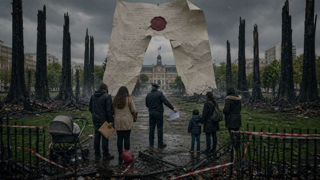 Parc urbain brûlé, troncs calcinés et cendres, familles rassemblées derrière une barrière face à un agent municipal, devant une lettre de mise en demeure géante scellée de cire rouge et la mairie en arrière-plan.