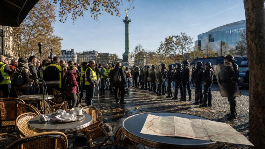 Place de la Bastille à Paris, en fin de matinée : au premier plan une terrasse de café avec chaises renversées, un pied de microphones et une carte au tracé rouge ; une foule en gilets jaunes fait face à une ligne de CRS en tenue bleu nuit qui barre les pavés ; à l'arrière-plan la colonne de Juillet et son Génie de la Liberté doré, un fourgon de police, les façades du boulevard Beaumarchais et les feuilles d'automne des platanes.