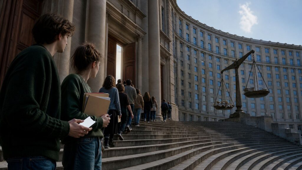 Deux jeunes de profil au bas d'un escalier monumental de pierre, l'un tenant un téléphone à l'écran blanc, l'autre une chemise de dossiers ; une file de personnes monte vers une porte de bois ouverte, devant une façade administrative immense percée de fenêtres closes et une balance géante de cuivre chargée de documents.