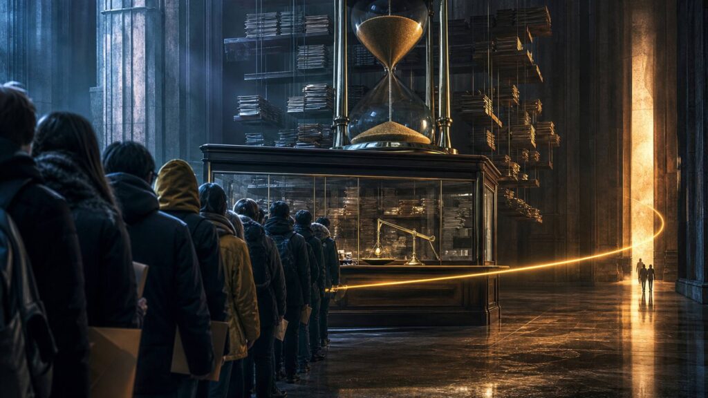 Dans une halle monumentale, une longue file de jeunes vus de dos attend devant un guichet de verre surmonté d'un sablier géant et d'une balance de laiton, tandis qu'une porte éclairée laisse passer quelques silhouettes.