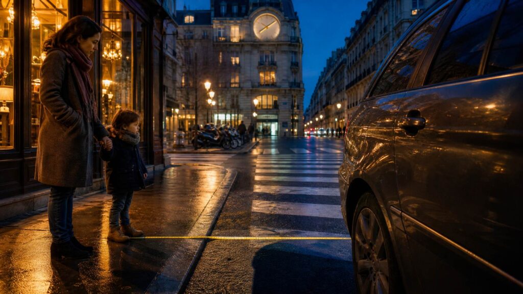 Une femme et une enfant attendent au bord du trottoir devant un passage piéton ; une voiture est garée au premier plan à droite et un ruban doré posé au sol matérialise la distance, dans une rue française au crépuscule.